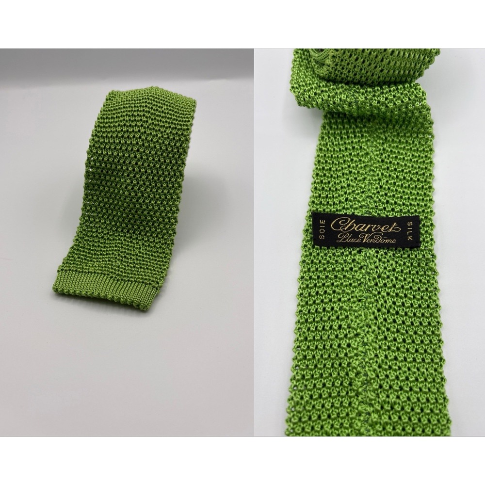 Charvet Place Vendome Square Knit Tie Mens Green Silk Made In Italy Designer